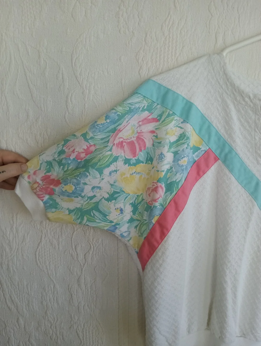 Koret White Floral Panel Colorblock Sweater Vintage Pastel Pink Blue Textured LG - Picture 5 of 12